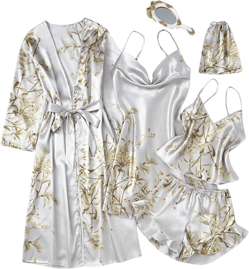 Women 5 Piece Floral Print Satin Silk Pajama Set Nightgown Robe Cami Shorts Sleepwear Pj Sets