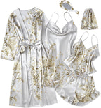 Women 5 Piece Floral Print Satin Silk Pajama Set Nightgown Robe Cami Shorts Sleepwear Pj Sets