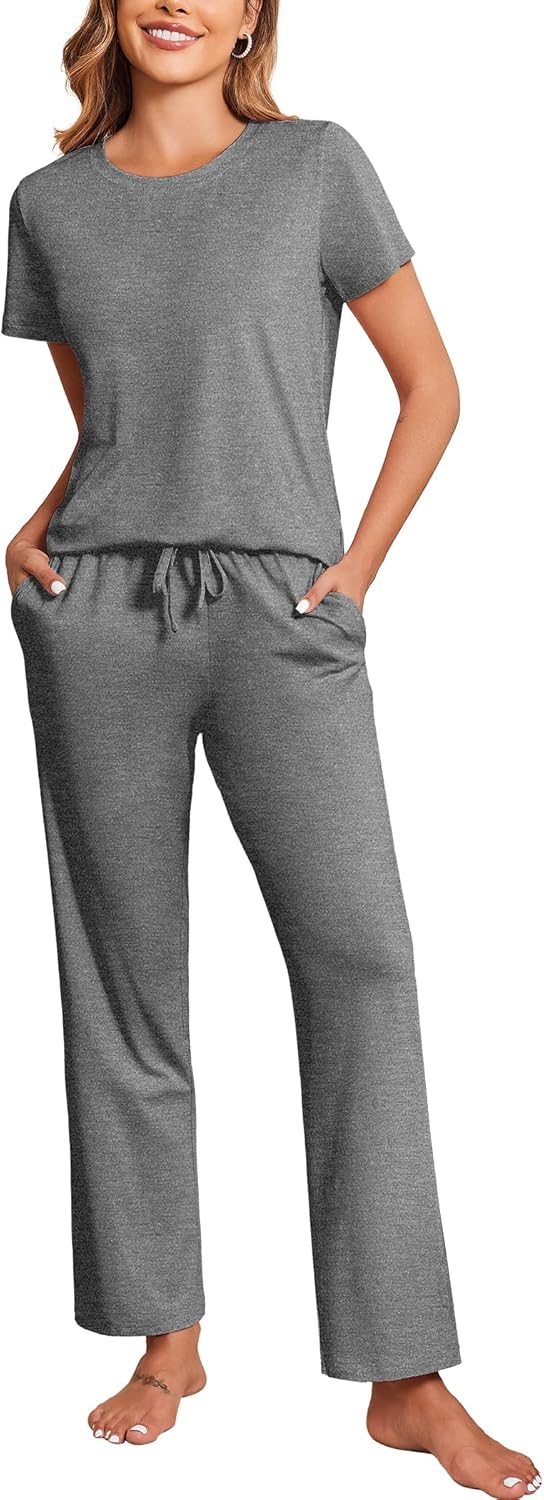 Cotton Pajamas Short Sleeve T-Shirt Top and Long Pants Pj Sets Sleepwear Loungewear for Women