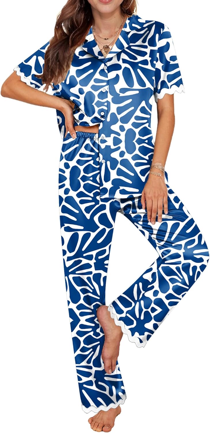 Women Silk Satin Pajamas Set Button Down 2 Piece Pjs Short Sleeve Long Pants Sleepwear Lounge Set, S-XXL