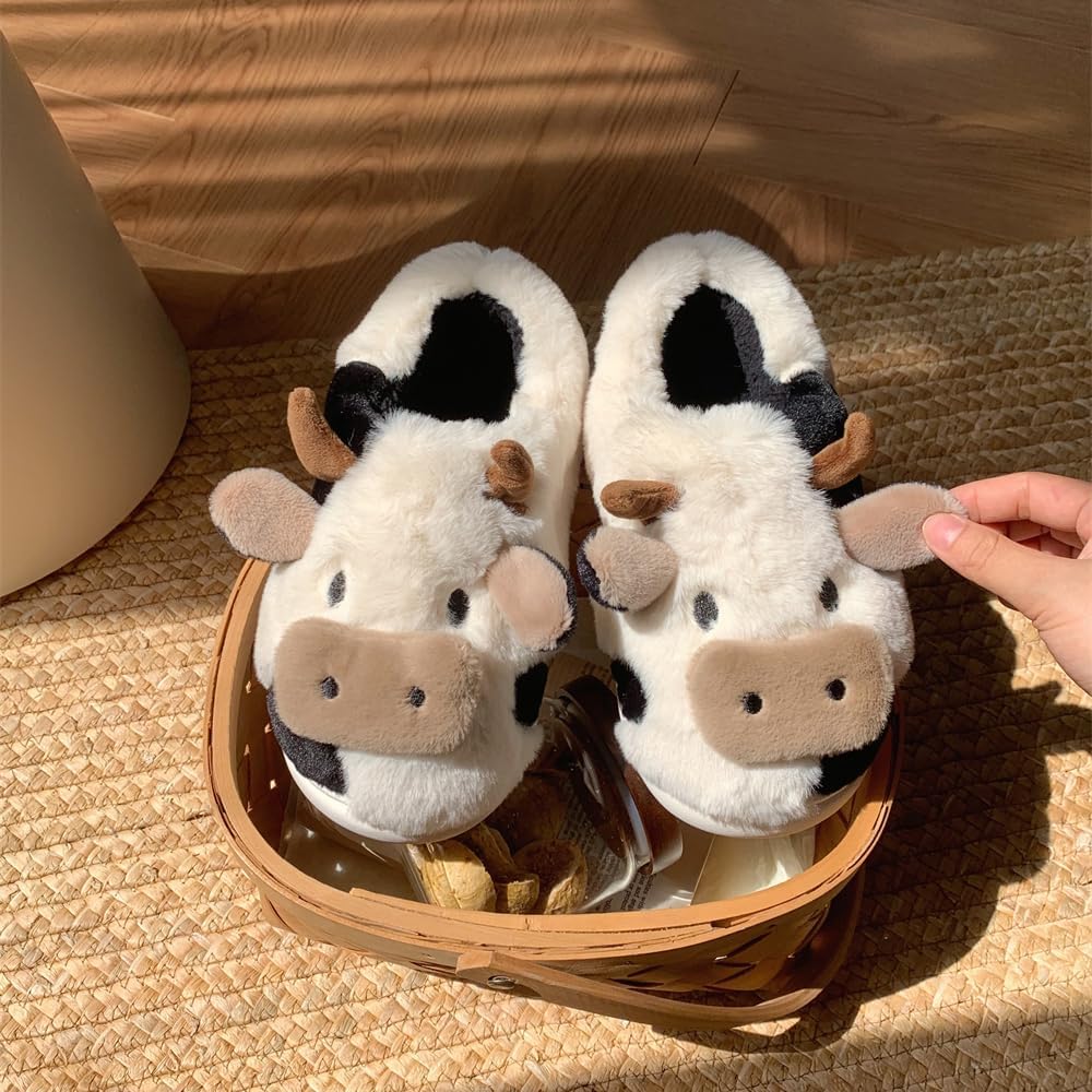 Slippers For Women,Cow Slippers,Womens Fuzzy Slippers,Cute Animal Cartoon Fluffy Plush House Slippers For Women Men Indoor