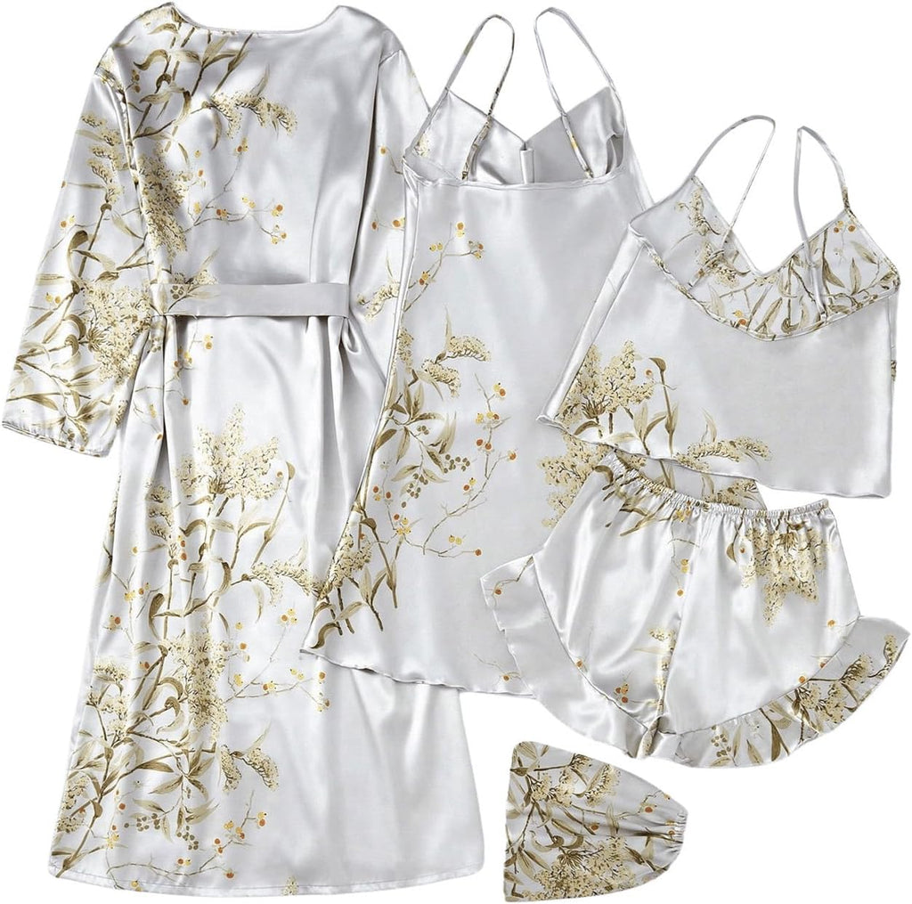 Women 5 Piece Floral Print Satin Silk Pajama Set Nightgown Robe Cami Shorts Sleepwear Pj Sets