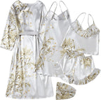 Women 5 Piece Floral Print Satin Silk Pajama Set Nightgown Robe Cami Shorts Sleepwear Pj Sets