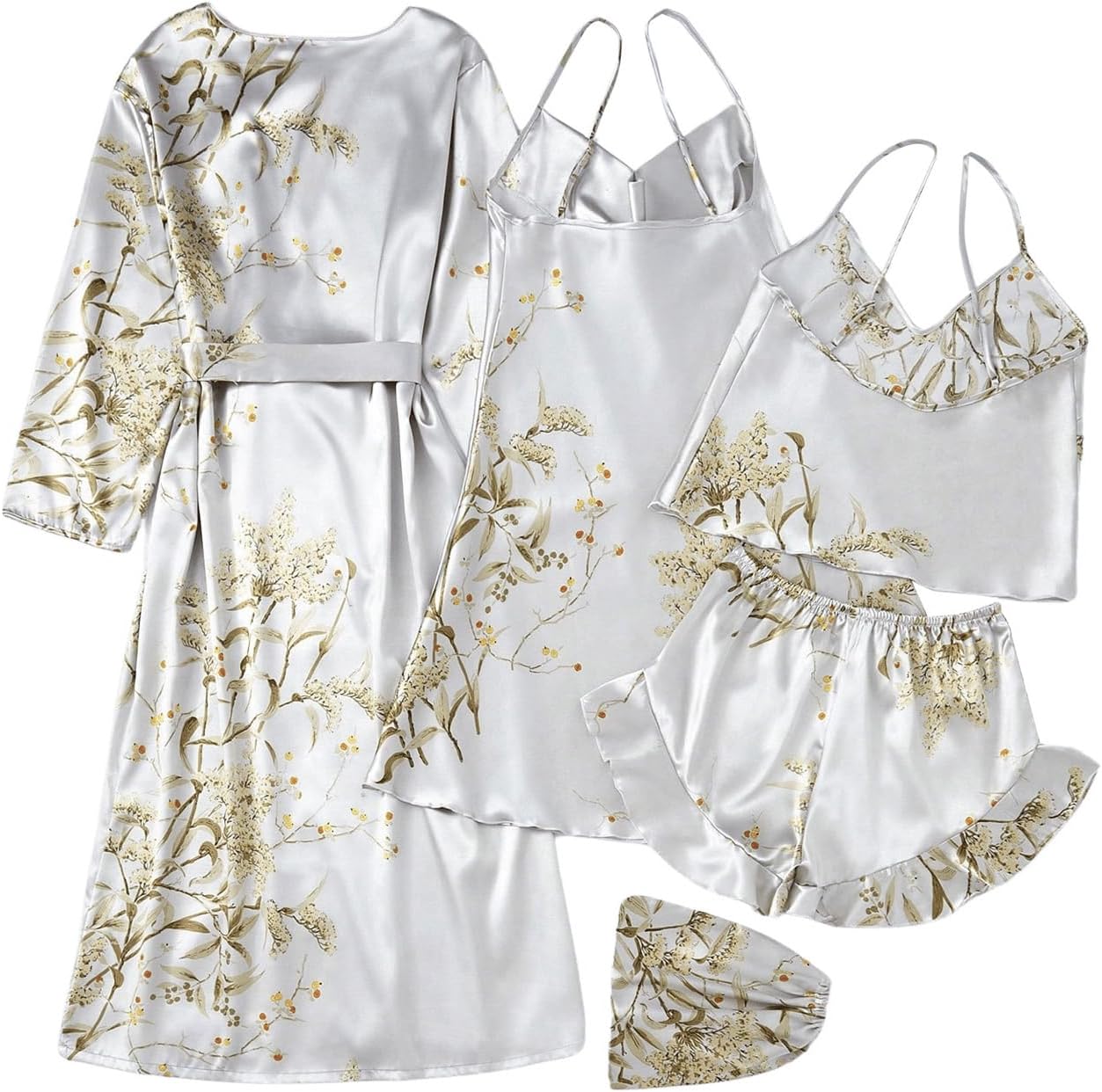 Women 5 Piece Floral Print Satin Silk Pajama Set Nightgown Robe Cami Shorts Sleepwear Pj Sets