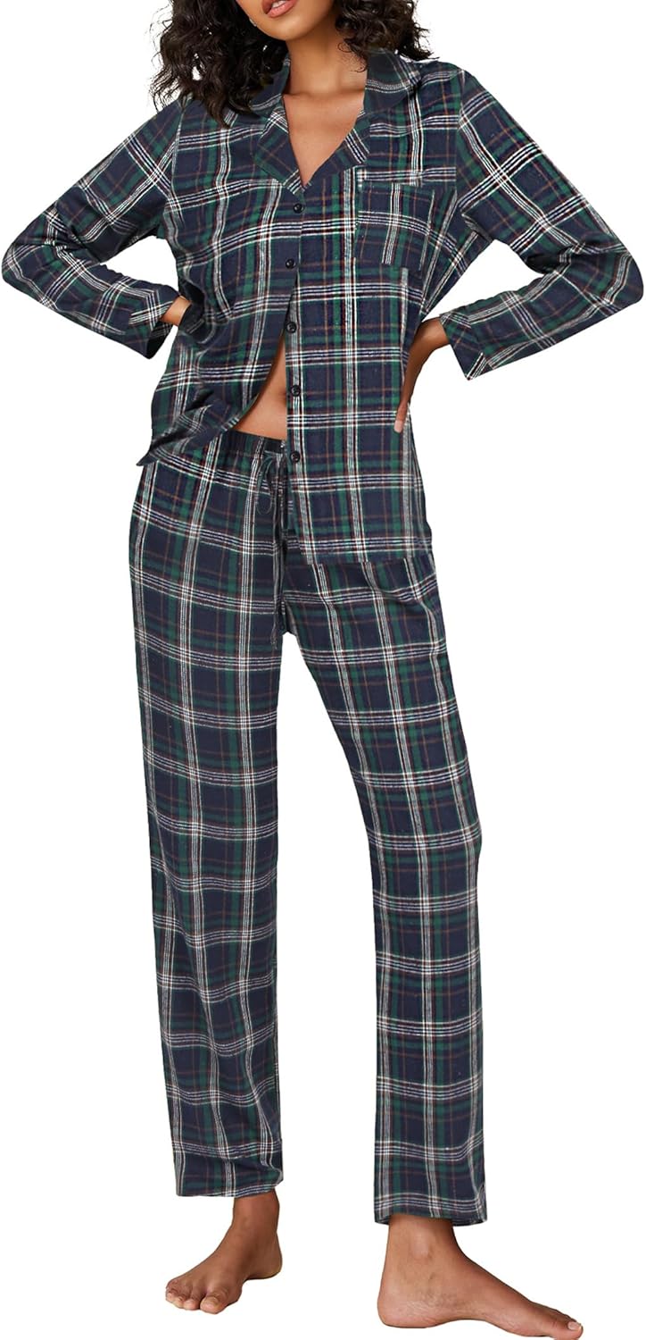 Pajamas for Women 2 Piece Lounge Set Long Sleeve Plaid Sleepwear Casual 2 Piece Pjs S-XXL