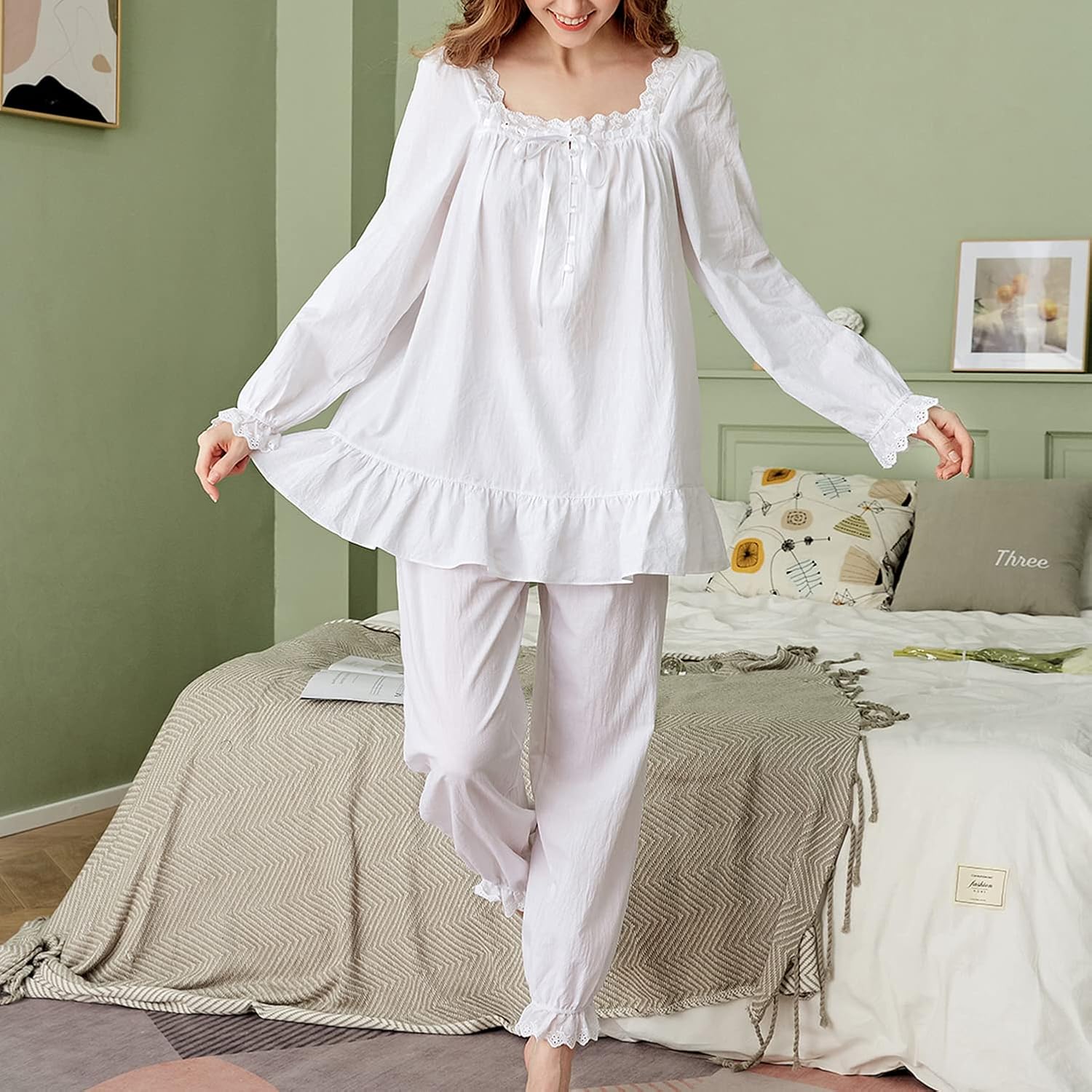 Women's Cotton Pajama Set 2 Piece Vintage Lounge Set Long Sleeve Top Pants Pjs Lace Frill Victorian Sleepwear