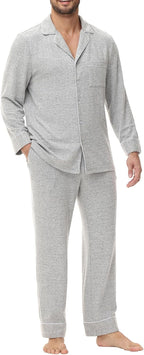 Mens Pajamas Set Long Sleeve Soft Pajamas for Men Button Down Sleepwear Pjs Lounge Sets with Pockets S-2XL