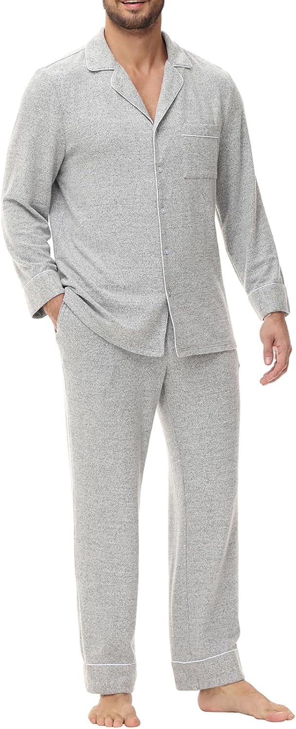 Mens Pajamas Set Long Sleeve Soft Pajamas for Men Button Down Sleepwear Pjs Lounge Sets with Pockets S-2XL