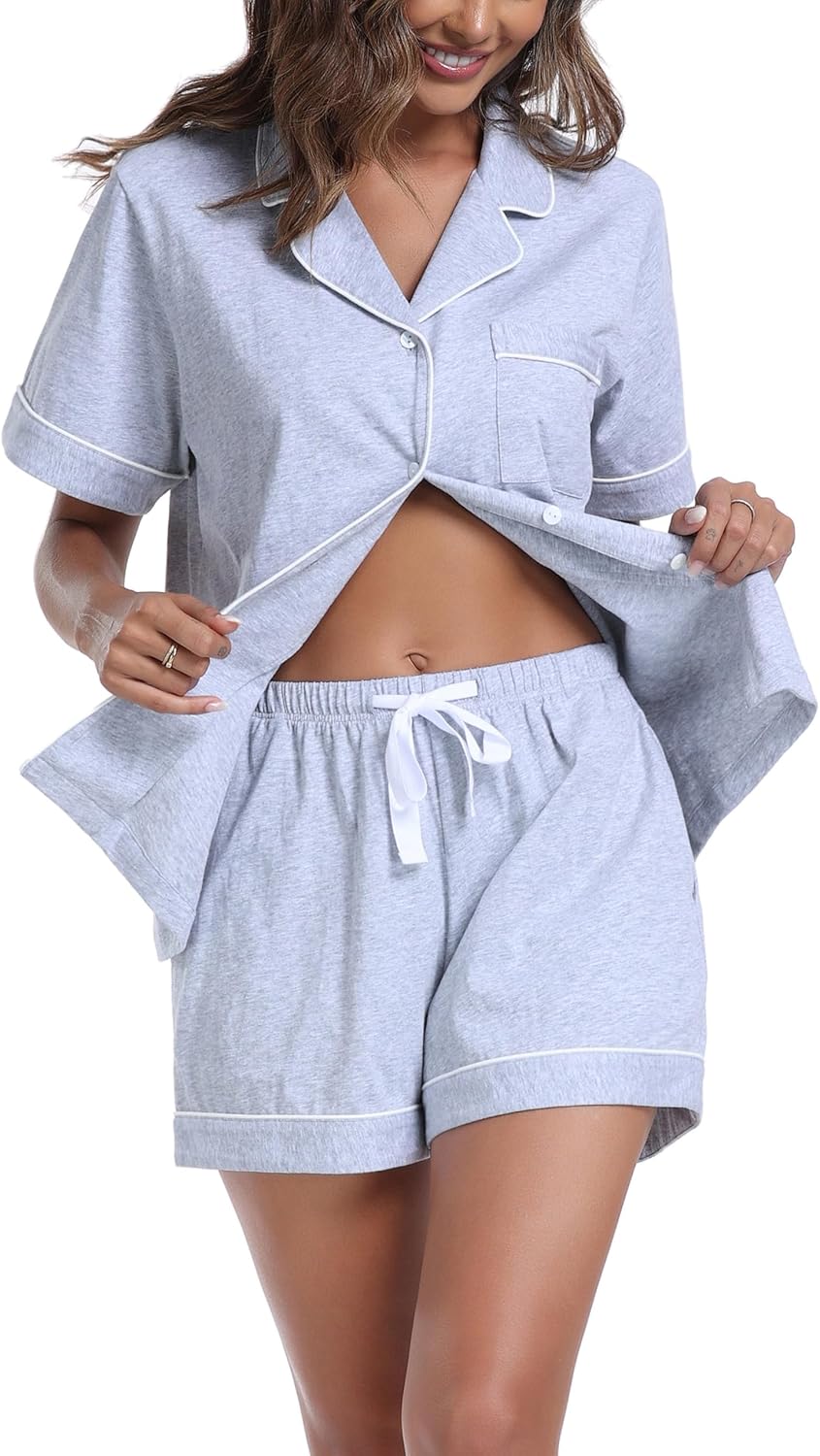 Womens Cotton Pajama Sets Short Summer Pjs Sets Soft Button Down Sleepwear Short Sleeve Shirt&Pants Sleepwear