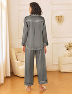 Women Silk Satin Pajama Sets 2 Piece Sleepwear Pjs Set Long Sleeve Button Down Top and Pants Stripe Loungewear S-XXL