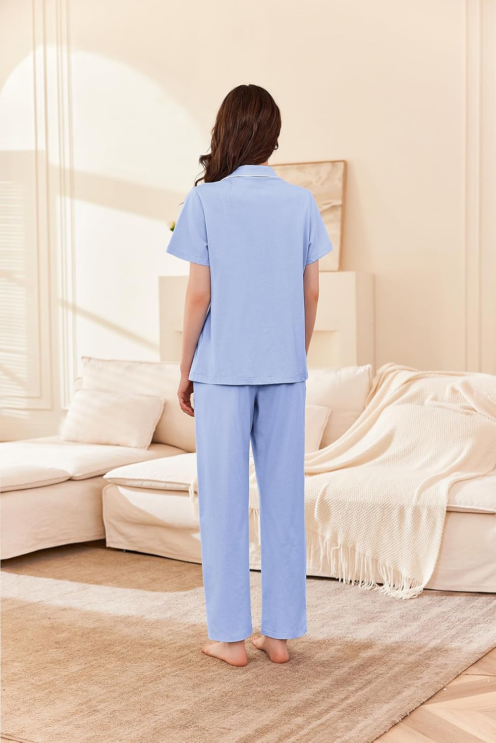 Women Cotton Pajamas Set Short Sleeve Button Down Pjs 2 Piece Soft Sleepwear with Long Pants Lounge Set