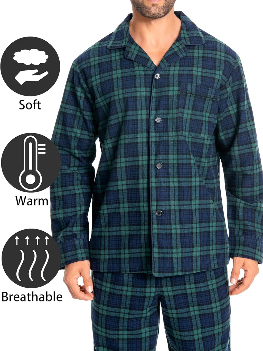 Mens Flannel Pajama Set 100% Cotton Plaid, Soft Brushed Winter Warm Long Sleeve Sleepwear PJ Top & Bottom U06AB